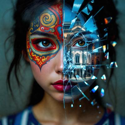 The primary subject of the image is a woman with a painted face, which appears to be a mix of a painting and a photograph. She is wearing a blue shirt and has a unique and artistic appearance. The setting is a cityscape, with a building visible in the background. The visual style is a combination of painting and photography, creating a striking and creative image. The colors and mood of the image are vibrant and lively, with the woman's painted face adding a sense of artistic expression